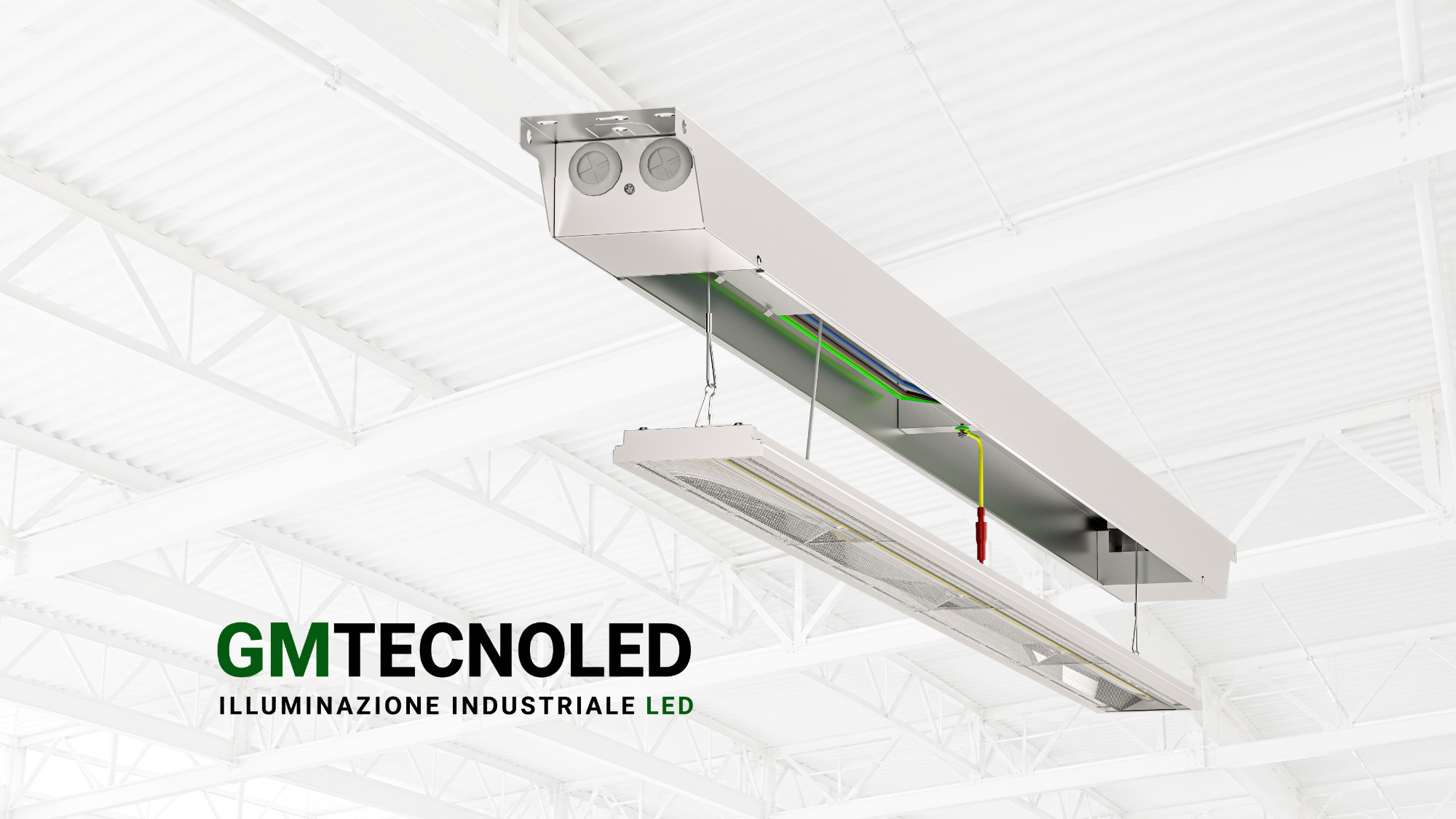 Apparecchio lineare LED GMTECNOLED con corpo aperto, su sfondo di soffitto industriale