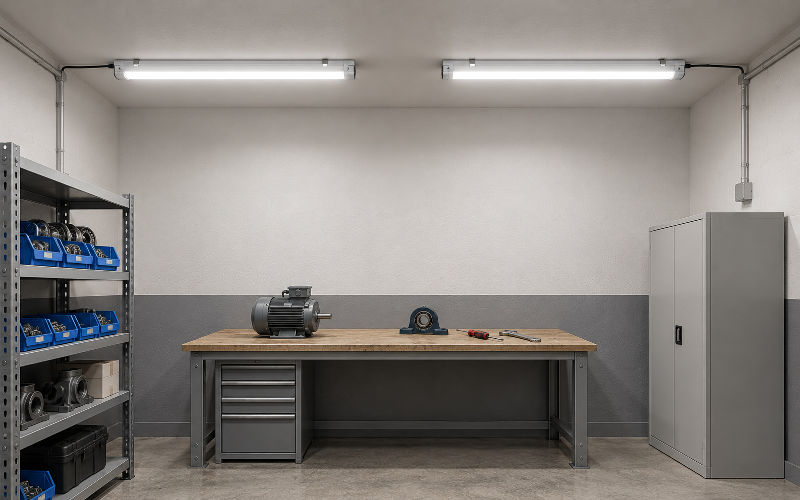 Illuminazione LED di un’area ricambi di officina — rendering illustrativo