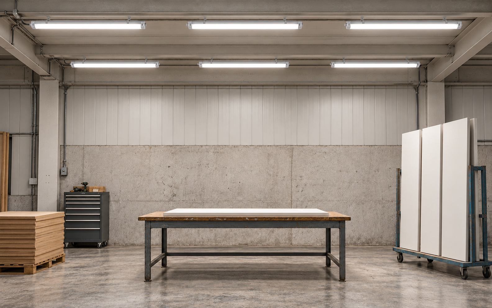 Illuminazione di un soppalco destinato alla produzione di porte — rendering illustrativo