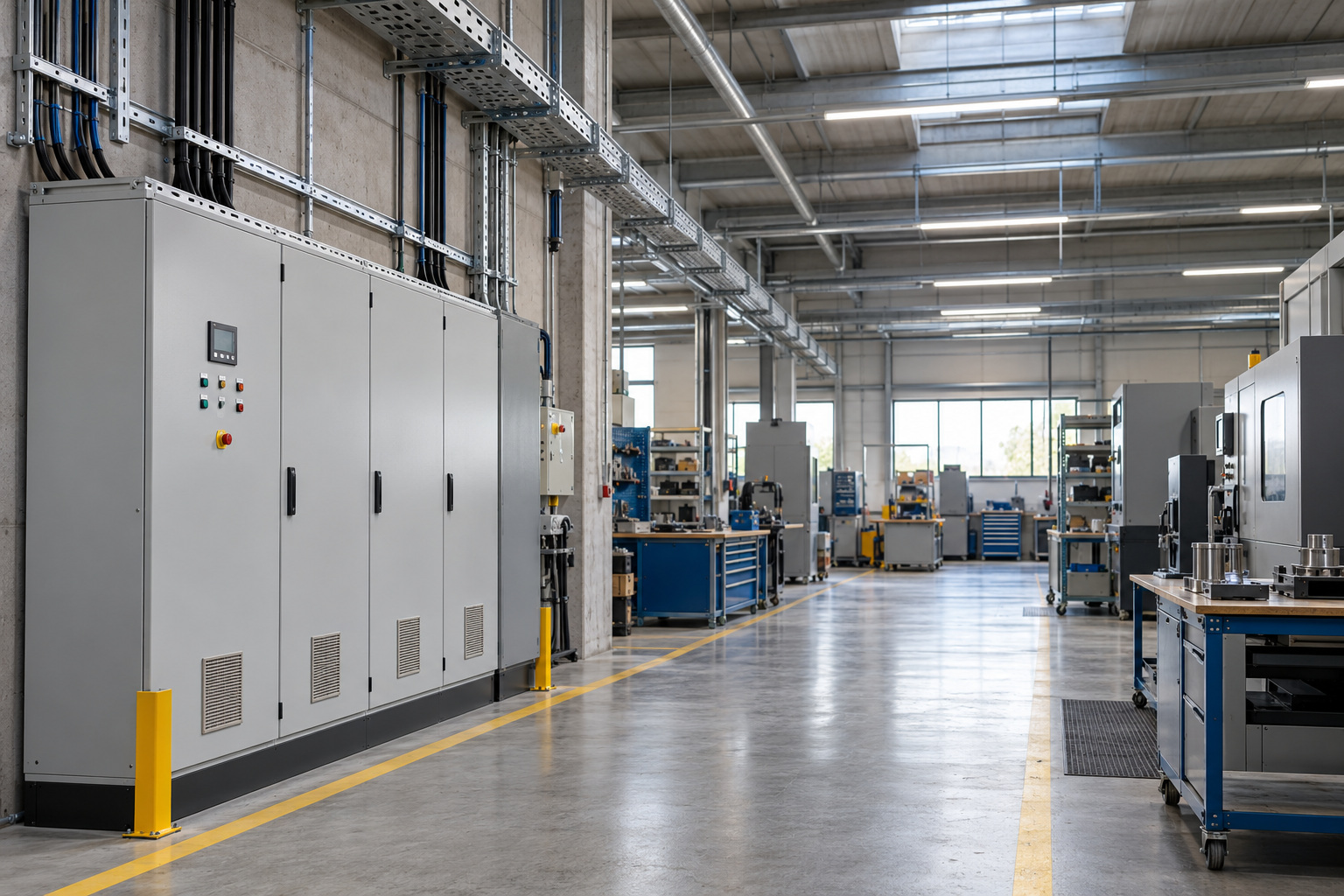 Reparto produttivo con quadri elettrici chiusi e distribuzione degli impianti