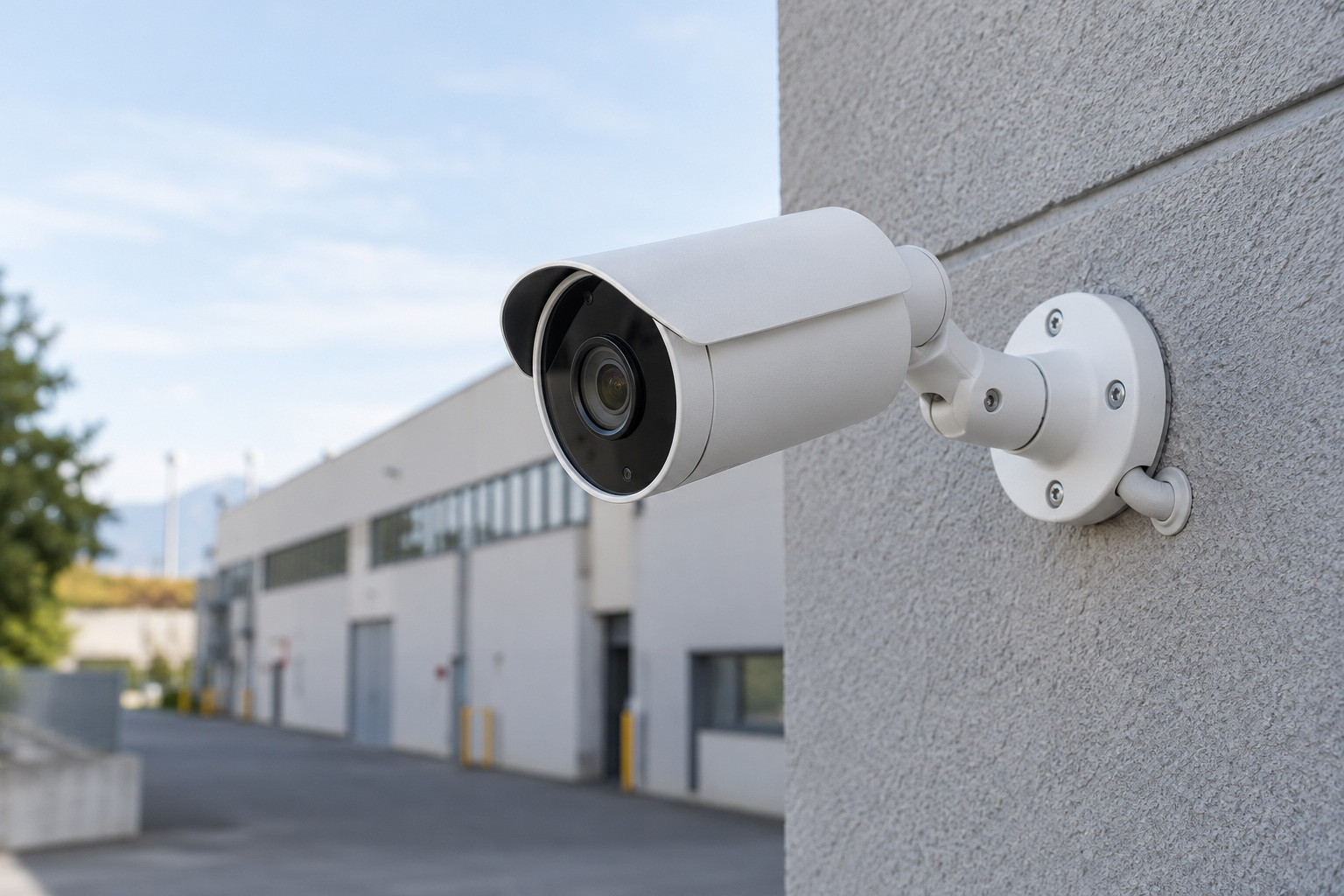 Telecamera di videosorveglianza installata sulla facciata di un edificio aziendale
