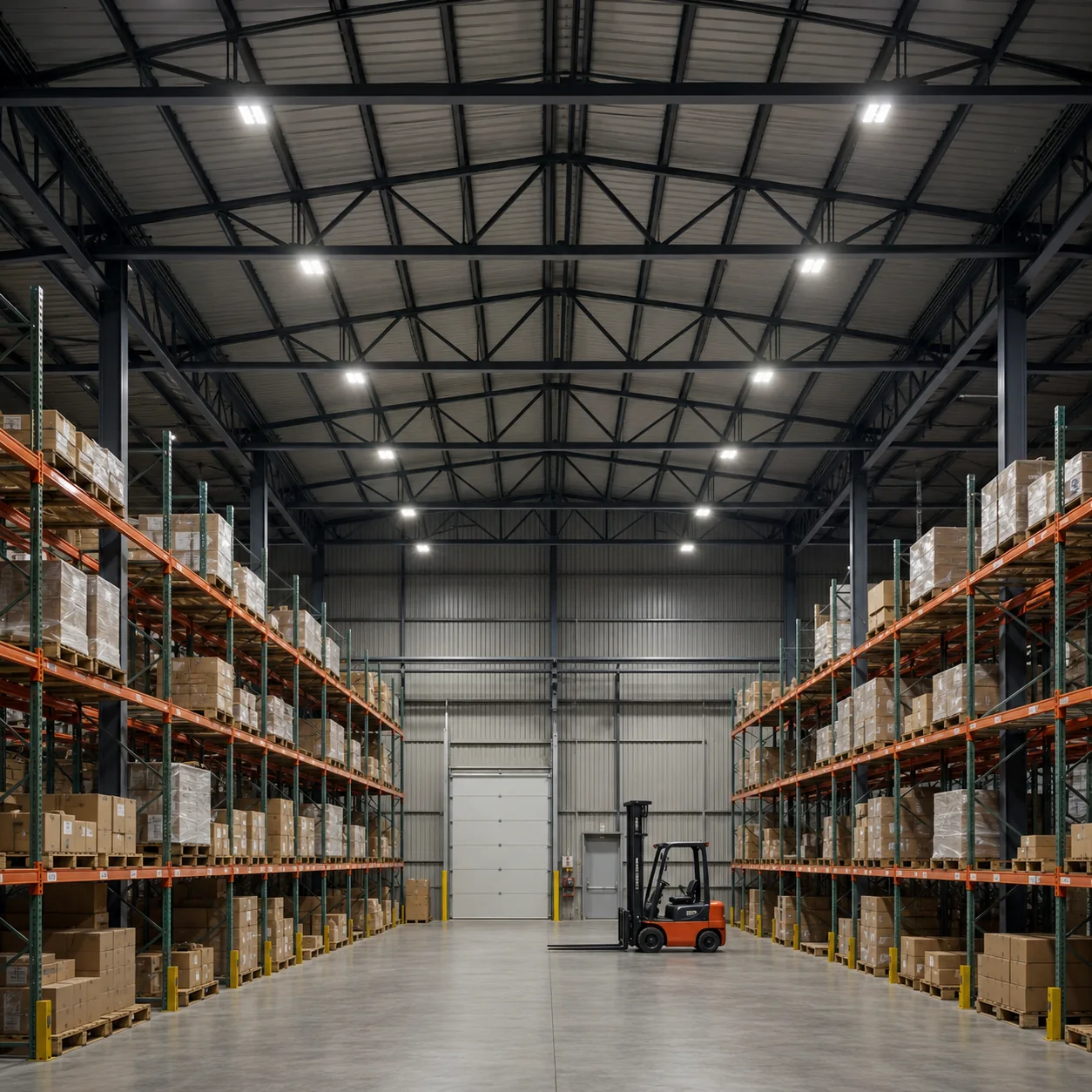 Magazzino industriale con scaffalature e illuminazione a soffitto – immagine dimostrativa